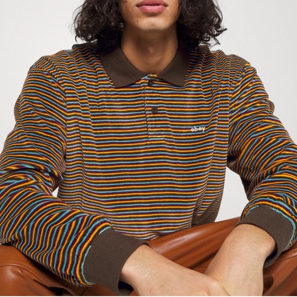 Obey Men’s Medium Kept Brown Striped Polo Sweatshirt Skater Grunge Punk Soft - Picture 1 of 7